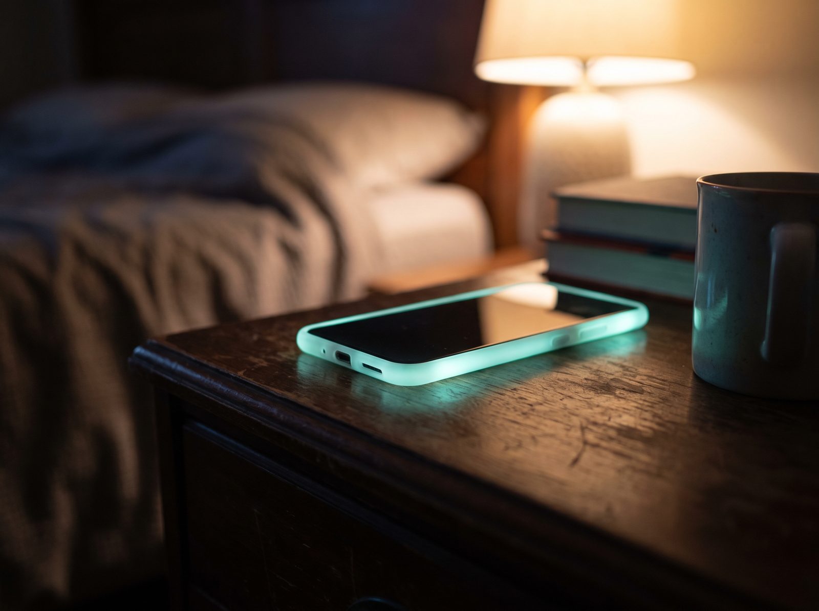 A phone on a nightstand lighting up with a calm notification