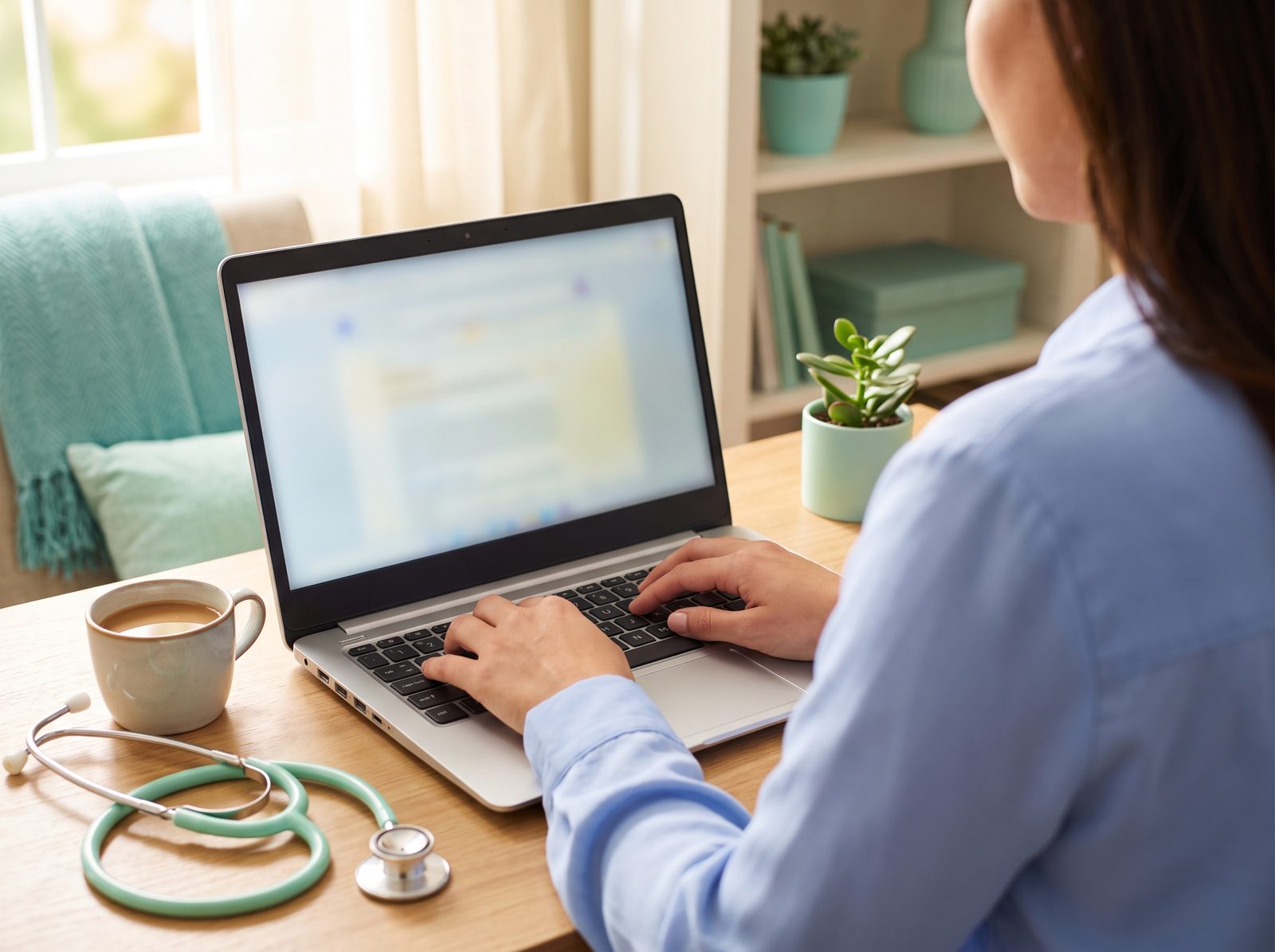 A physician's hands at a laptop in a bright office