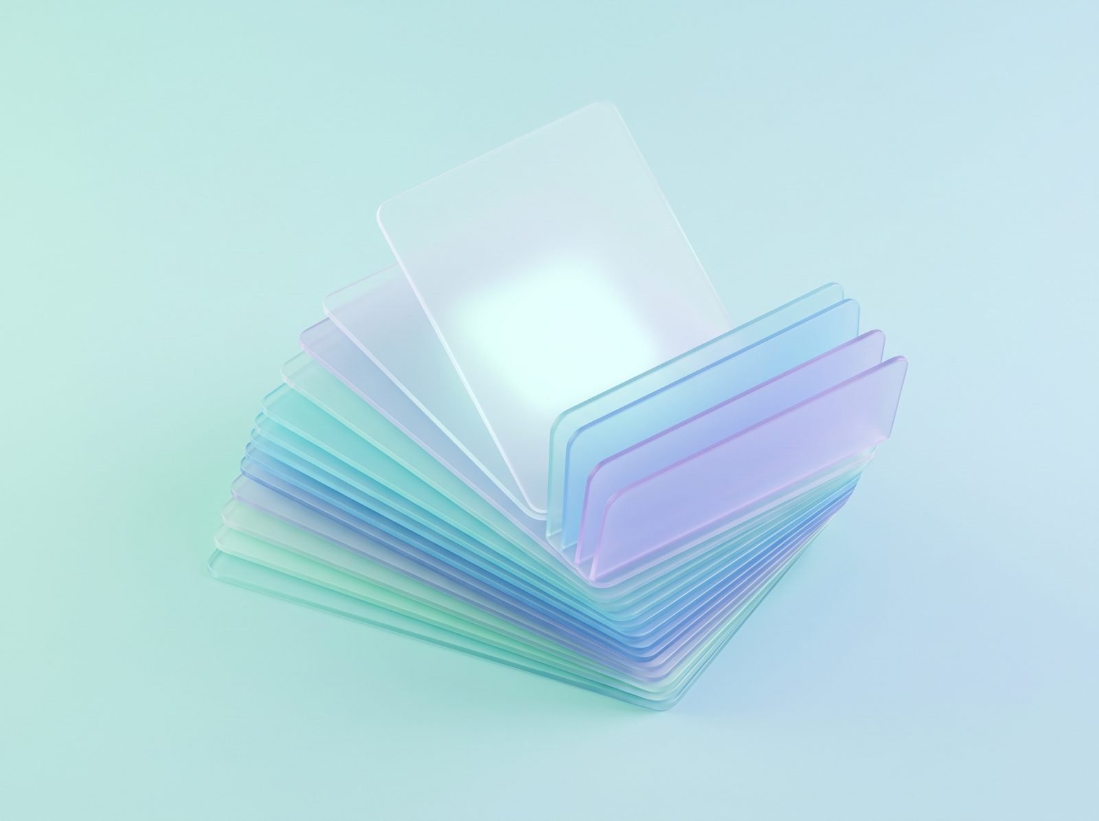 A fanned stack of frosted glass cards
